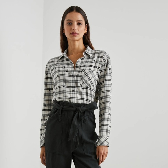 RAILS Milo Ivory Star Plaid Button Down Shirt Women’s Large Long Sleeve - Picture 2 of 10